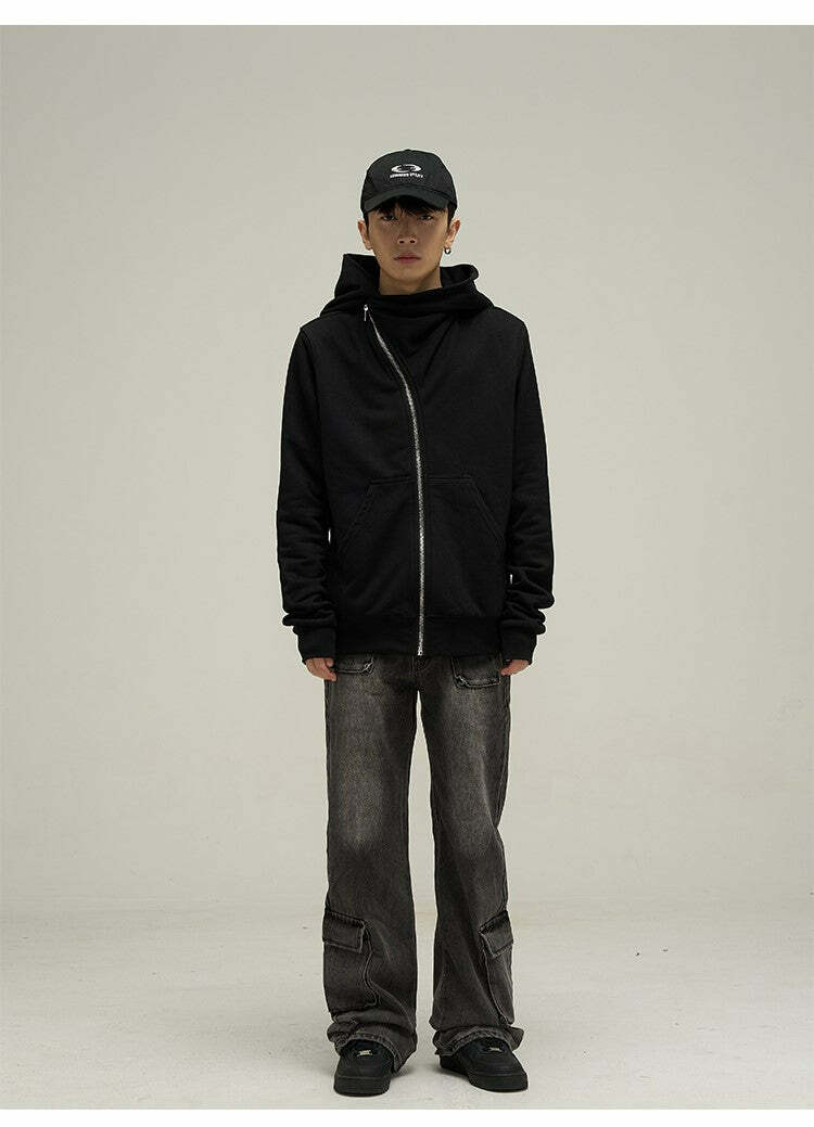 HJK Exclusive Y2K Asymmetrical Zip Hooded Jacket - 90s Grunge, Retro, and Pastel Goth Fashion