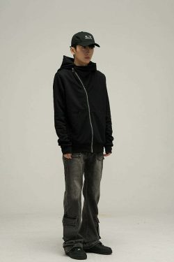 HJK Exclusive Y2K Asymmetrical Zip Hooded Jacket - 90s Grunge, Retro, and Pastel Goth Fashion