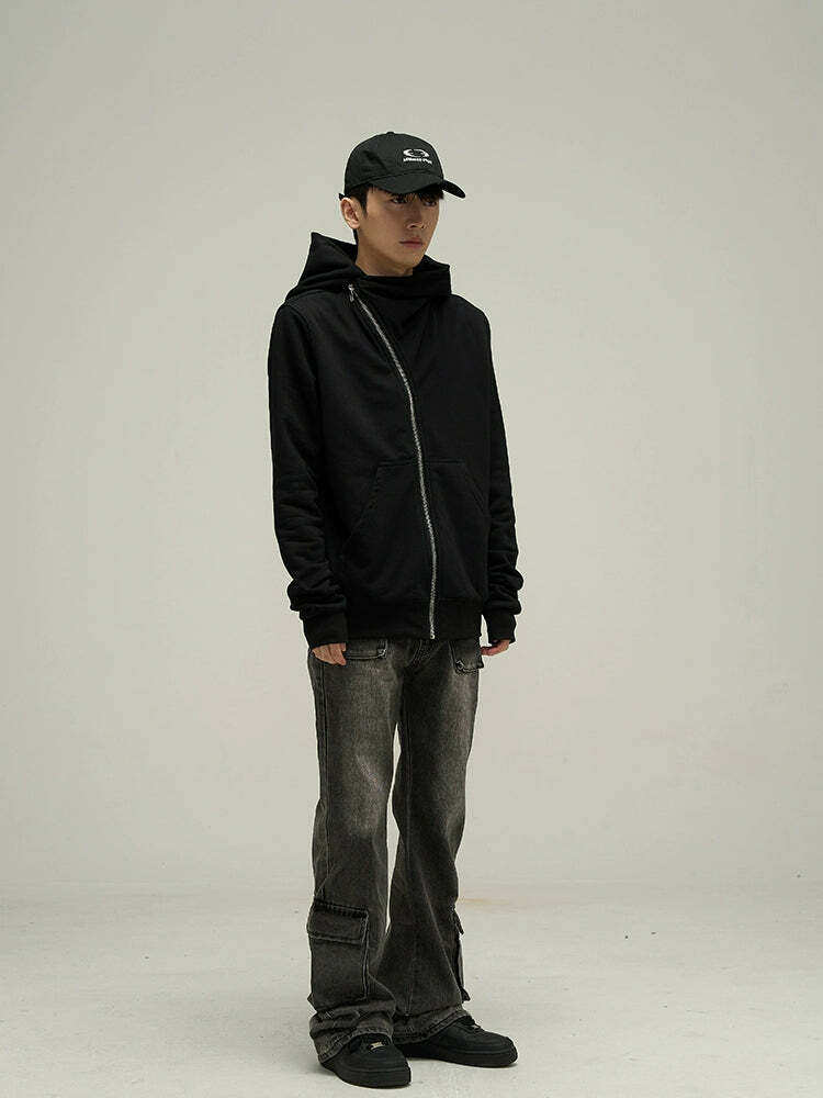 HJK Exclusive Y2K Asymmetrical Zip Hooded Jacket - 90s Grunge, Retro, and Pastel Goth Fashion
