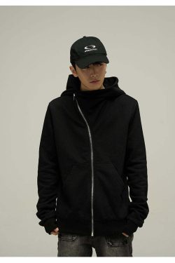 HJK Exclusive Y2K Asymmetrical Zip Hooded Jacket - 90s Grunge, Retro, and Pastel Goth Fashion
