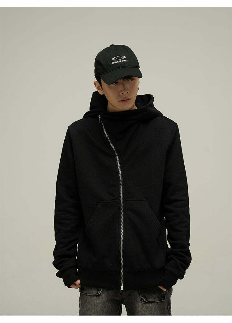 HJK Exclusive Y2K Asymmetrical Zip Hooded Jacket - 90s Grunge, Retro, and Pastel Goth Fashion