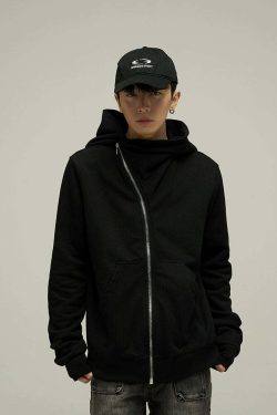 HJK Exclusive Y2K Asymmetrical Zip Hooded Jacket - 90s Grunge, Retro, and Pastel Goth Fashion