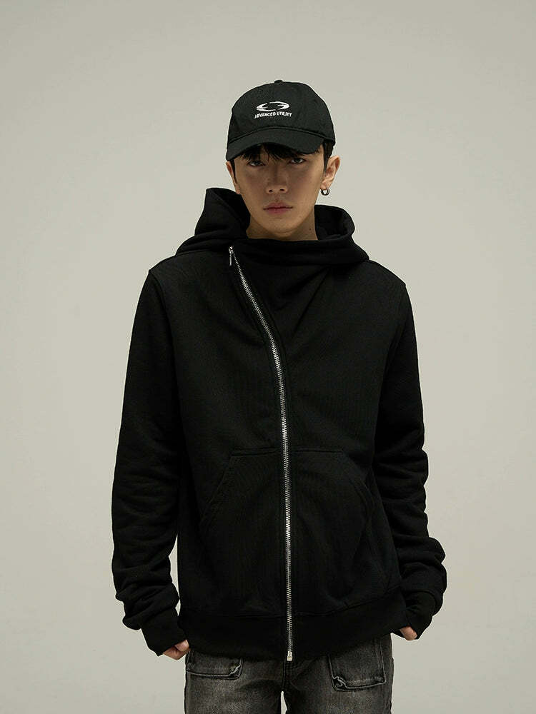 HJK Exclusive Y2K Asymmetrical Zip Hooded Jacket - 90s Grunge, Retro, and Pastel Goth Fashion