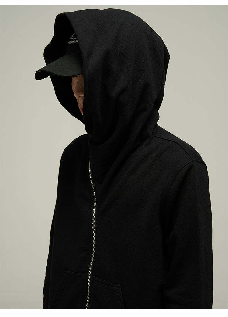 HJK Exclusive Y2K Asymmetrical Zip Hooded Jacket - 90s Grunge, Retro, and Pastel Goth Fashion