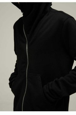 HJK Exclusive Y2K Asymmetrical Zip Hooded Jacket - 90s Grunge, Retro, and Pastel Goth Fashion