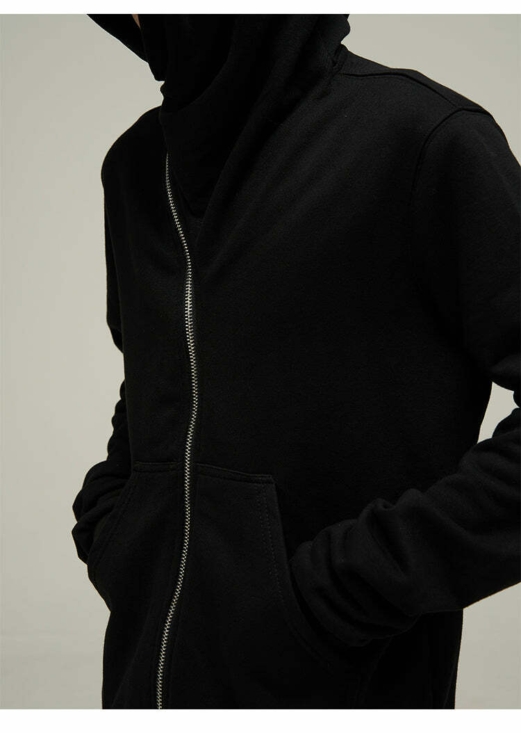 HJK Exclusive Y2K Asymmetrical Zip Hooded Jacket - 90s Grunge, Retro, and Pastel Goth Fashion