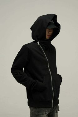 HJK Exclusive Y2K Asymmetrical Zip Hooded Jacket - 90s Grunge, Retro, and Pastel Goth Fashion
