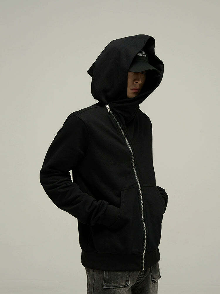 HJK Exclusive Y2K Asymmetrical Zip Hooded Jacket - 90s Grunge, Retro, and Pastel Goth Fashion