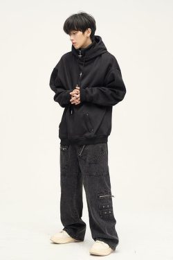 HJK Exclusive Y2K Grunge Double Panel Hooded Zip Jacket - 90s Retro Summer Fashion Outfit