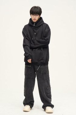 HJK Exclusive Y2K Grunge Double Panel Hooded Zip Jacket - 90s Retro Summer Fashion Outfit