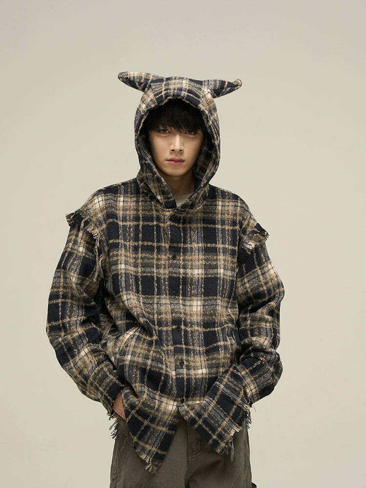 HJK Exclusive Y2K Hooded Devil Flannel - 90s Grunge, Retro, Gothic, Summer & Party Outfits