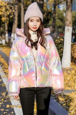 Holographic Glossy Short Puffer Jacket - Y2K Summer, 90s Grunge, Retro Style, Y2K Party Outfit