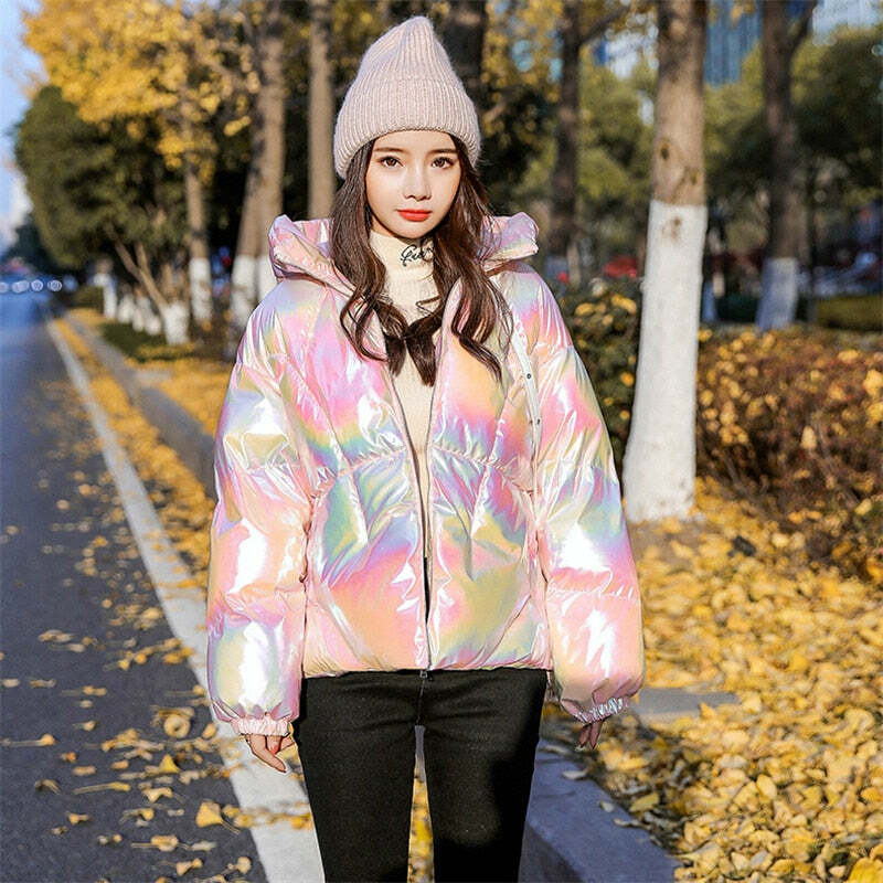 Holographic Glossy Short Puffer Jacket - Y2K Summer, 90s Grunge, Retro Style, Y2K Party Outfit