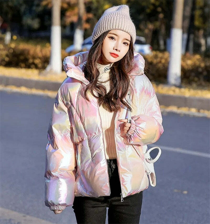 Holographic Glossy Short Puffer Jacket - Y2K Summer, 90s Grunge, Retro Style, Y2K Party Outfit