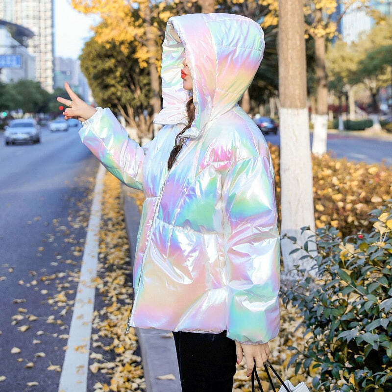 Holographic Glossy Short Puffer Jacket - Y2K Summer, 90s Grunge, Retro Style, Y2K Party Outfit