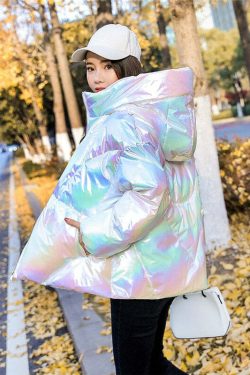 Holographic Glossy Short Puffer Jacket - Y2K Summer, 90s Grunge, Retro Style, Y2K Party Outfit