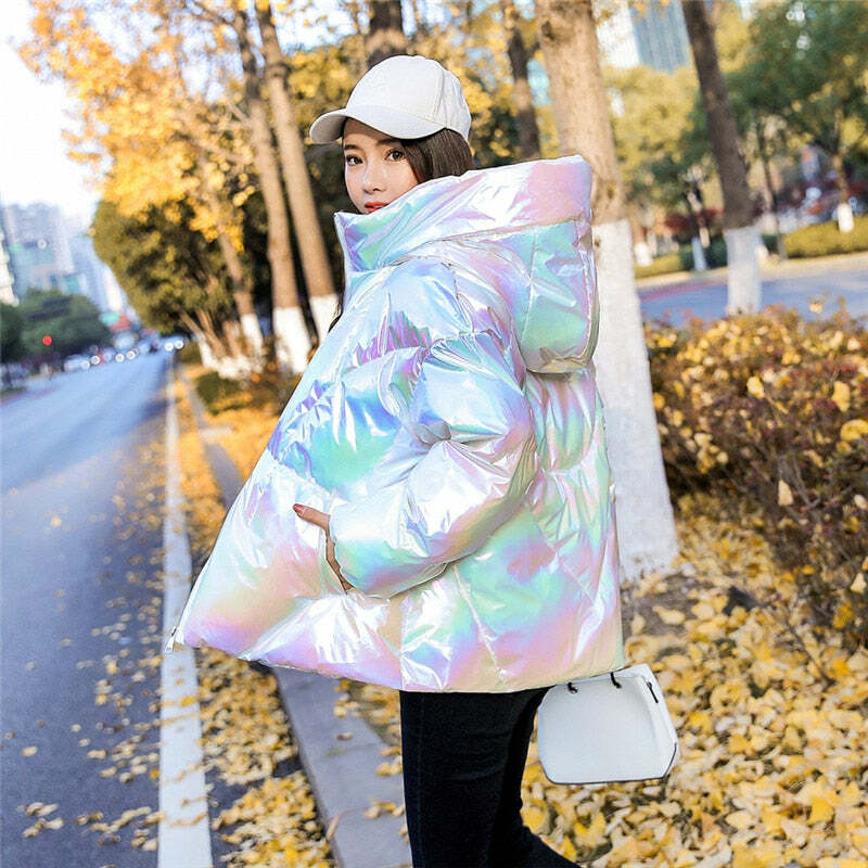 Holographic Glossy Short Puffer Jacket - Y2K Summer, 90s Grunge, Retro Style, Y2K Party Outfit