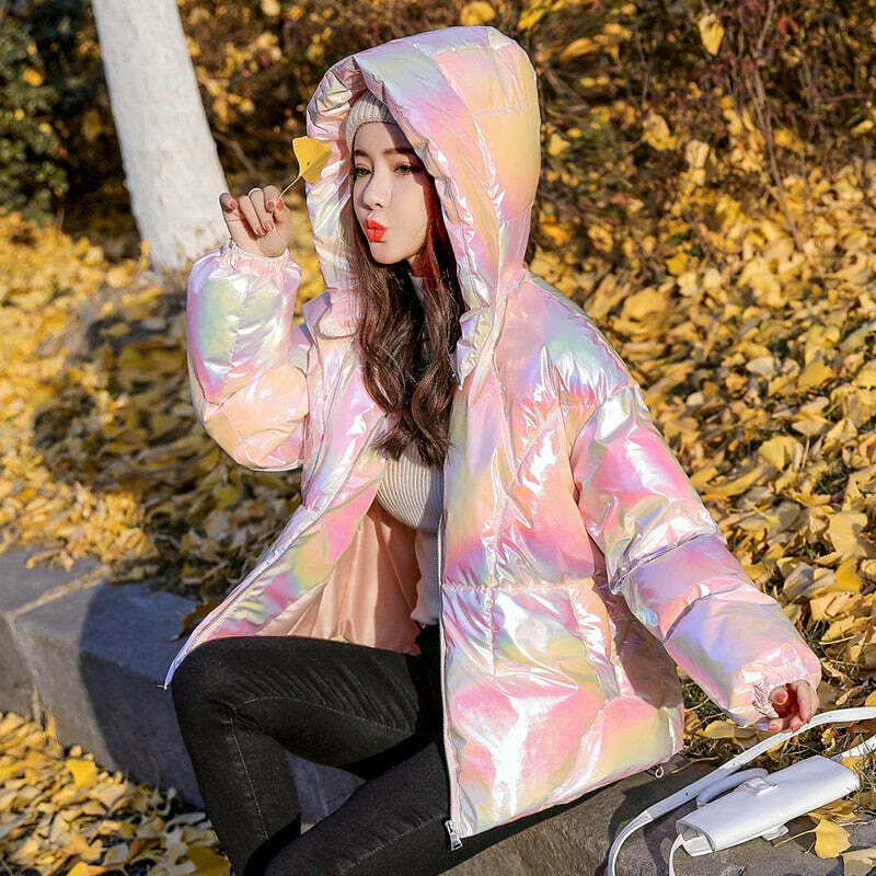 Holographic Glossy Short Puffer Jacket - Y2K Summer, 90s Grunge, Retro Style, Y2K Party Outfit