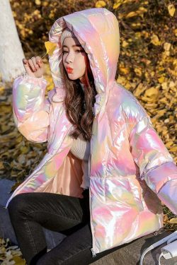 Holographic Glossy Short Puffer Jacket - Y2K Summer, 90s Grunge, Retro Style, Y2K Party Outfit
