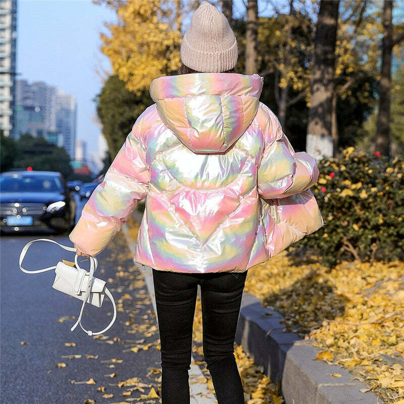 Holographic Glossy Short Puffer Jacket - Y2K Summer, 90s Grunge, Retro Style, Y2K Party Outfit