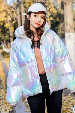 Holographic Glossy Short Puffer Jacket - Y2K Summer, 90s Grunge, Retro Style, Y2K Party Outfit