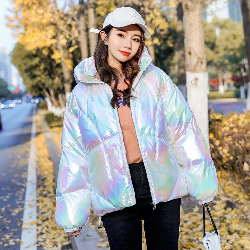 Holographic Glossy Short Puffer Jacket - Y2K Summer, 90s Grunge, Retro Style, Y2K Party Outfit
