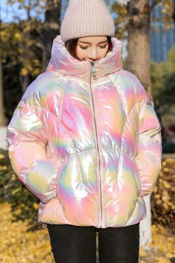 Holographic Glossy Short Puffer Jacket - Y2K Summer, 90s Grunge, Retro Style, Y2K Party Outfit