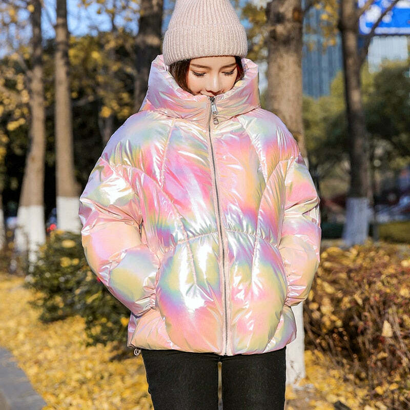 Holographic Glossy Short Puffer Jacket - Y2K Summer, 90s Grunge, Retro Style, Y2K Party Outfit