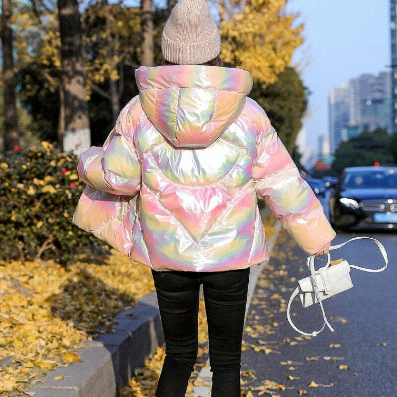 Holographic Glossy Short Puffer Jacket - Y2K Summer, 90s Grunge, Retro Style, Y2K Party Outfit