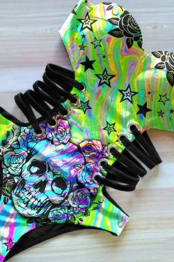 Holographic Skull Rose Monokini - Y2K Summer Grunge 90s Retro Goth Swimsuit