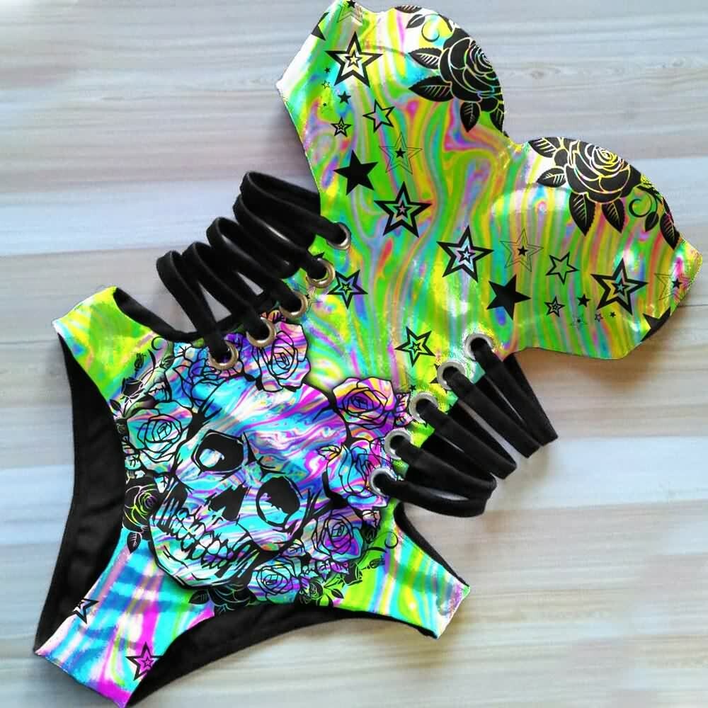Holographic Skull Rose Monokini - Y2K Summer Grunge 90s Retro Goth Swimsuit
