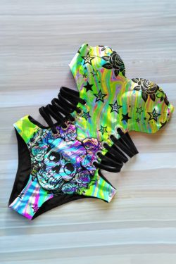 Holographic Skull Rose Monokini - Y2K Summer Grunge 90s Retro Goth Swimsuit