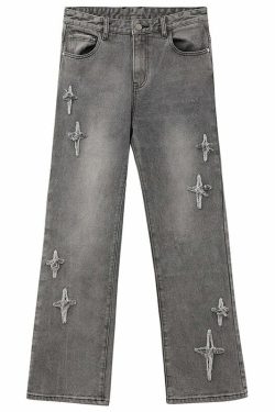ICONSLAB Textured Spike Denim Jeans - Y2K Grunge, 90s Retro, Summer Y2K Outfits, Gothic Y2