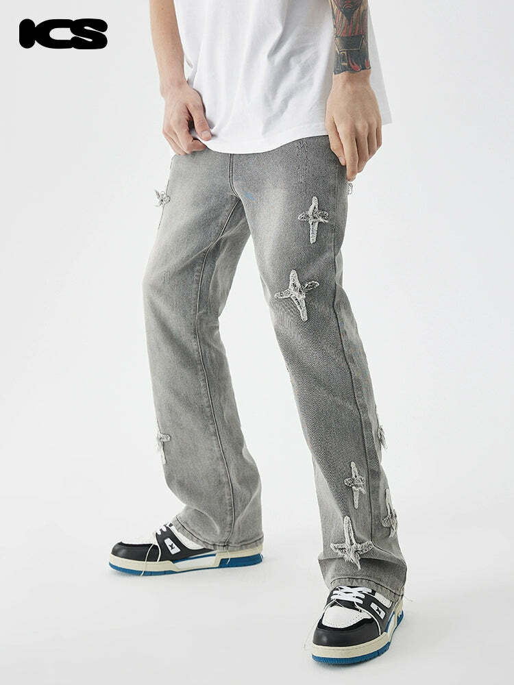 ICONSLAB Textured Spike Denim Jeans - Y2K Grunge, 90s Retro, Summer Y2K Outfits, Gothic Y2