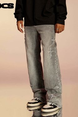 ICONSLAB Textured Spike Denim Jeans - Y2K Grunge, 90s Retro, Summer Y2K Outfits, Gothic Y2