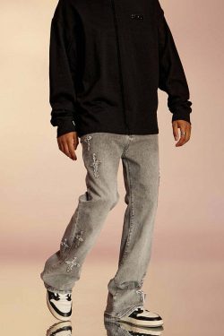 ICONSLAB Textured Spike Denim Jeans - Y2K Grunge, 90s Retro, Summer Y2K Outfits, Gothic Y2