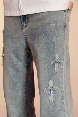 ICONSLAB Textured Spike Denim Jeans - Y2K Grunge, 90s Retro, Summer Y2K Outfits, Gothic Y2