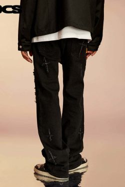 ICONSLAB Textured Spike Denim Jeans - Y2K Grunge, 90s Retro, Summer Y2K Outfits, Gothic Y2