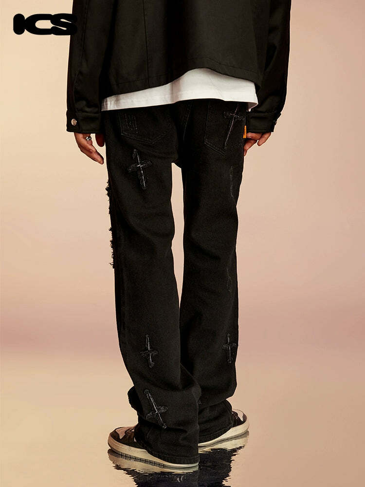 ICONSLAB Textured Spike Denim Jeans - Y2K Grunge, 90s Retro, Summer Y2K Outfits, Gothic Y2
