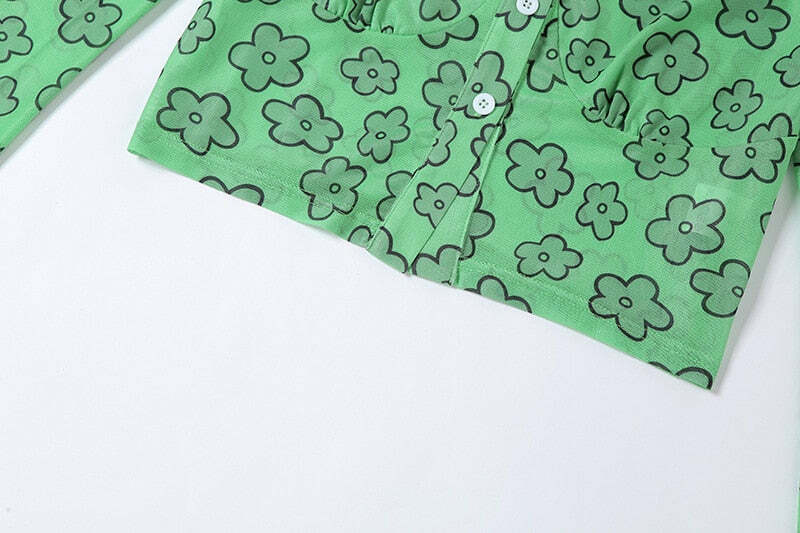 Indie Girl Green Floral Top - Y2K Summer, 90s Grunge, Retro, Pastel Goth, Y2K Party Outfit