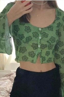 Indie Girl Green Floral Top - Y2K Summer, 90s Grunge, Retro, Pastel Goth, Y2K Party Outfit