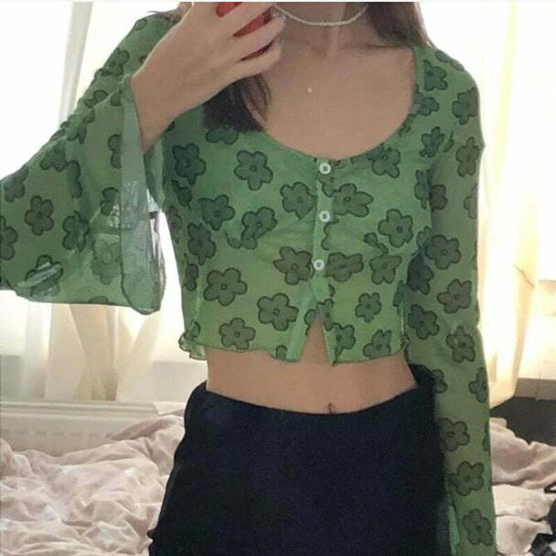 Indie Girl Green Floral Top - Y2K Summer, 90s Grunge, Retro, Pastel Goth, Y2K Party Outfit