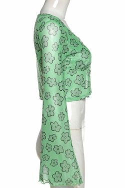 Indie Girl Green Floral Top - Y2K Summer, 90s Grunge, Retro, Pastel Goth, Y2K Party Outfit