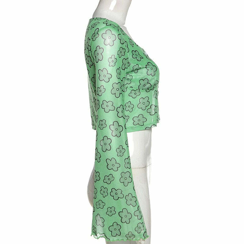 Indie Girl Green Floral Top - Y2K Summer, 90s Grunge, Retro, Pastel Goth, Y2K Party Outfit