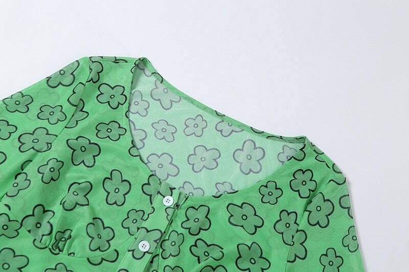 Indie Girl Green Floral Top - Y2K Summer, 90s Grunge, Retro, Pastel Goth, Y2K Party Outfit