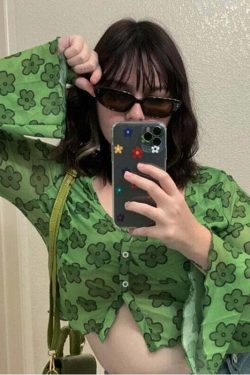 Indie Girl Green Floral Top - Y2K Summer, 90s Grunge, Retro, Pastel Goth, Y2K Party Outfit