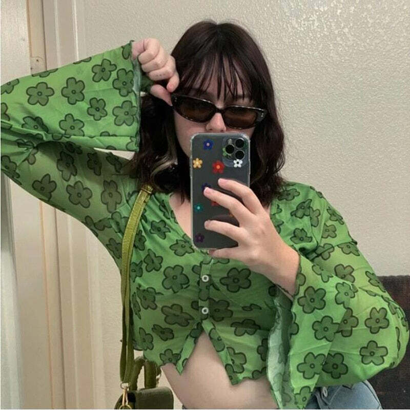 Indie Girl Green Floral Top - Y2K Summer, 90s Grunge, Retro, Pastel Goth, Y2K Party Outfit