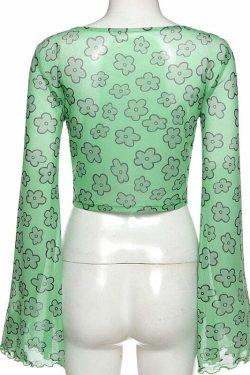 Indie Girl Green Floral Top - Y2K Summer, 90s Grunge, Retro, Pastel Goth, Y2K Party Outfit