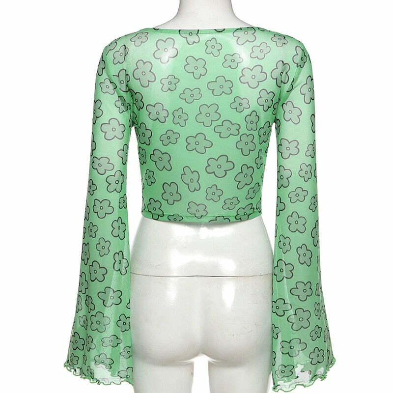 Indie Girl Green Floral Top - Y2K Summer, 90s Grunge, Retro, Pastel Goth, Y2K Party Outfit