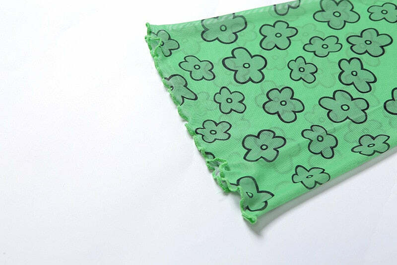 Indie Girl Green Floral Top - Y2K Summer, 90s Grunge, Retro, Pastel Goth, Y2K Party Outfit